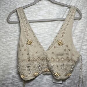 Women’s Zara Crop Tank Top Beaded, Sea Shell, Embroidered Tan NWT